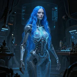 in the style of h. r. giger, steve niles : : fantasy art composition : : biomechanical pale woman hologram, blue hair : : dark futuristic lab