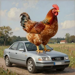 a huge chicken standing on an audi a 4 2 0 0 1, oil painting, by jan matejko