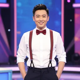portrait photo of the vibrant quiz show host wearing suspenders and bowtie, flashy studio stage