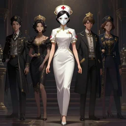 a full body portrait of a female nurse with a mask, elegant, fancy dess, ornaments, highly detailed, beautiful, cinematic lighting, 2 d animate style, mesmerizing, 8 k hd, artstation, by hideyuki morioka, ito ogure, vofan, greg rutkowski, victo ngai, artgerm