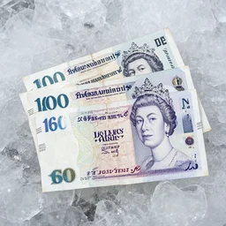 photograph of english cash bank notes frozen in ice