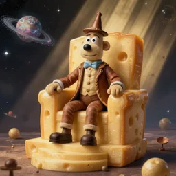 wallace from wallace and gromit becomes galactic emperor and is seated on a throne of cheese