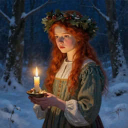 an art nouveau candlelit portrait painting of a thoughtful girl resembling a young, shy, redheaded alicia vikander or millie bobby brown wearing a christmas wreath in her hair and peasant dress carrying a candle in a deep snow - covered forest at night, highly detailed, intricate, concept art, artstation, by donato giancola, alphonse mucha, and william bouguereau