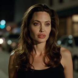 A close-up, color outdoor film still of a Angelina Jolie on the street, dramatic lighting at night, from Blade Runner(1982).