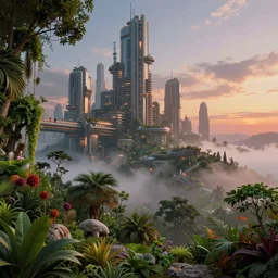 futuristic dystopian megapolis, lush plants and trees, fog light dusk, by ivan aivazovsky and jean giraud, coherent, hyper realism, high detail, vivid colors, octane render, unreal engine, 8 k, smooth gradients, high contrast, depth of field by jacek yerka