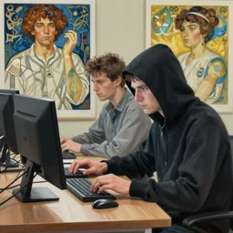 Hacker hacks computer, highly detailed, digital painting, artstation, concept art, smooth, sharp focus, illustration, art by artgerm and greg rutkowski and alphonse mucha