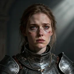 head and shoulders portrait of a female knight with a worried expression, scars under her grey eyes. sad and tired eyes, broken neclace. dark background, light rays behind her. high detail artstation top 1 0, photo in the style of angus mcbean.