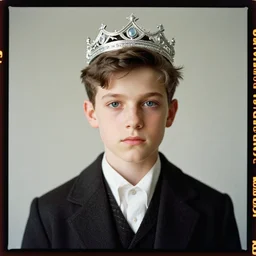kodak portra 4 0 0, 8 k, highly detailed, britt marling style 3 / 4 photographic close, medium format, colour portrait of a handsome boy with a silver crown, up face with 1 9 2 0 s hairstyle, 1 9 2 0 s clothing style, asymmetrical, hasselblad x 1 d - 5 0 c, 1 0 0 mm f 1. 8, soft light