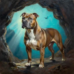 muscular pitbull dog  with backlight , sun rays , big shadows, small bird sihouettes  in cyan background , very textured detailed  oil painting by rembrandt , hard backlight , in dark cave
