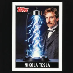 topps rookie card featuring a photorealistic image of nikola tesla under a tesla coil emitting with bright electric arcs, framed by beautifully typed calculus equations, wide shot, Nikon D810, ƒ/2.5, focal length: 85.0 mm, exposure time: 1/800, ISO: 200