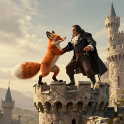anthropomorphic furry fox fighting villain on top of the highest point of a castle, 1 9 1 0 s film scene