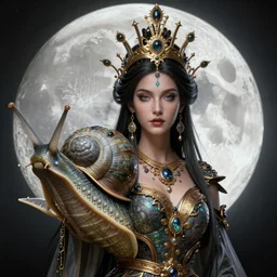 portrait of 1 beautiful woman who is a snail queen goddess of the moon - by tom bagshaw, by ilya kuvshinov, rtx rendering, octane render 1 2 8 k, maya, extreme high intricate details by wlop, digital anime art by ross tran, medium shot, close up shot, composition by sana takeda, dramatic lighting by greg rutkowski, 8 k, trending
