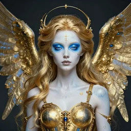 a muse of beauty, a Young girl alien steampuck angel with gold and white skin , blue color, hair made of gold, face by wlop, face by Charlie Bowater + golden ratio, symmetric, elegant, ornate, luxury, elite, matte painting, magical, cinematic, cgsociety, 8k, high resolution,