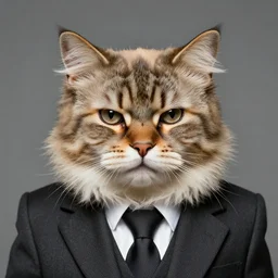 photographic portrait of a wrinkly sad max ernst fluffy cat, wearing a suit, editorial