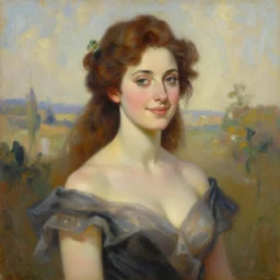 a portrait painting of shalina devine, hybrid oil painting, gentle expression, smiling, elegant clothing, scenic background, behance hd, by jeremy pitkin, alphonse mucha, greg rutkowski, tim hildebrandt, boris vallejo, artgerm