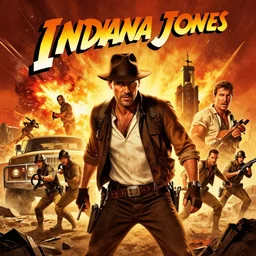 indiana jones movie poster comic book style with soldiers, fighting, trucks, explosions and the cast