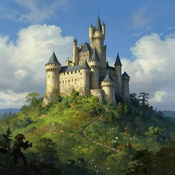 lush hill small hyper realistic castle hybrid creatue, atmospheric lighting, blue sky with clouds illustration by weta studio, mucha, bautista and norman rockwell and greg rutkowski and tom bagshaw and james gurney and lucasfilm