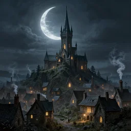 A medieval fantasy village surrounding a wizard's spire on a hill, crescent moon, light glowing from windows at night, smoke from chimneys concept art by Greg Rutkowski