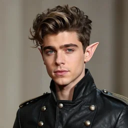 portrait of zayn malik as an elf by henriette ronner - knip, only one head single portrait, pointy ears, wearing a black leather napoleonic military jacket