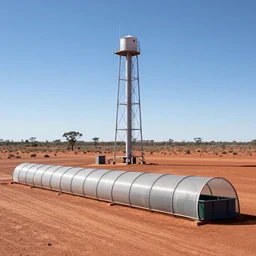modular atmospheric water collector tower, electrostatic fog collector tunnel, fine sailcloth mesh, windtrap, with irrigation reservoir in the australian red desert, simple composition, rule of thirds, photorealistic scientific documentary