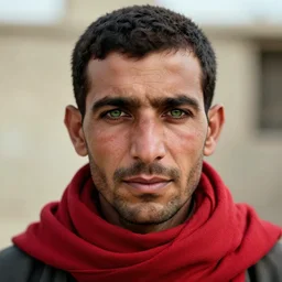 portrait of matt christman as afghan man, green eyes and red scarf looking intently, photograph by steve mccurry