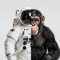 double exposure portrait split in the middle of a astronaut and one chimpanzee in a suit posing with space in the background, pencil sketch, dynamic lighting of stars, sharpness, golden ratio