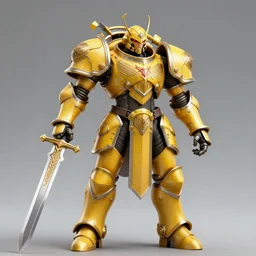 dynamic portrait of a intricate glorious holy mechanical warforged character in yellow armor holding a paladin engraved great longsword and carrying a big paladin shield, spotlight from face , epic , trending on ArtStation, cinematic lighting, by Jesper Ejsing
