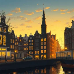 illustration of amsterdam in the style of studio ghibli, cinematic composition, golden hour, excellent composition, poetic