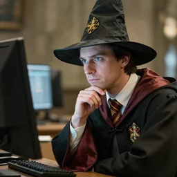 a photograph of a man in wizard robes and wizard hat searching his chin in front of a computer screen