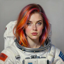 a portrait of a very beautiful woman in a spacesuit, Alexandria\'s genesis, shoulder-length balayage ombré vibrantly multi-colored hair, bored, illustration, soft lighting, soft details, painting oil on canvas by mark arian by artgerm, trending on artstation, 4k, 8k, HD