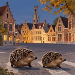 2 hedgehogs walking across the street next to eachother in Bruges, Belgium,  in the style of Greg Rutkowski, autumn, evening, romantic