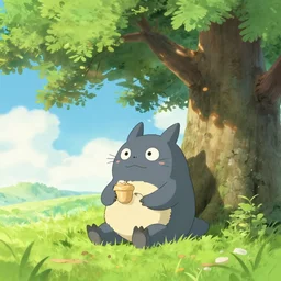 A cute kobold is enjoying the sweet summer air under the shade of a great oak tree in summer. Ghibli style character focused artwork.