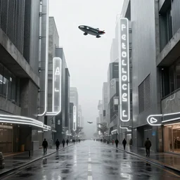 high resolution photograph, streetscape, simple brutalist architecture, metal, concrete, wet streets, white neon lights, neon signs, flying cars, pedestrians, greg rutkowski, syd mead, ralph mcquarrie, concept art, matte painting, finely detailed, minimal artifacts, rule of thirds, dynamic lighting, cinematic, denoised, centered, artstation