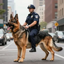 police officer riding a giant German shepherd in the city, trending on artstation