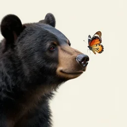 close - up of a black bear looking at the butterfly on its nose, fantasy art, intricate, elegant, highly detailed, digital painting, artstation, smooth, sharp focus, illustration, art by thomas eakins