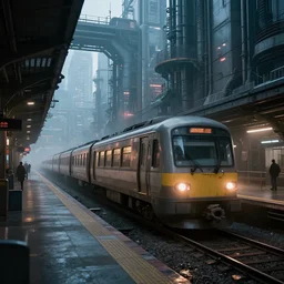 Immense industrial futuristic train arrives at cyber punk city station, cinematic lighting,