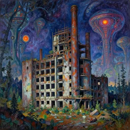 a beautiful detailed painting of highlands industrial architecture abandoned city urbex architecture nature unfinished building building by paul cezanne, atlantis forest bladerunner 2 0 4 9 cosmic alien cyberpunk at summer tron fisheye synthwave thermal vision, archdaily, wallpaper, highly detailed, trending on artstation.
