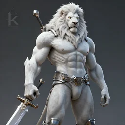 commission of a fit male anthro albino lion holding a sword, science fiction industrial hard science concept art, 8K render octane high definition cgsociety