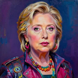 hillary clinton as an apocalyptic scifi orcish biker character, psychedelic vibrant colors, futuristic punk rock fashion, oil painting by michael whelan art, perfect face, sharp focus, detailed eyes, realistic, 8 k