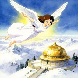 angel flying above a golden observatory in the snowy mountains. watercolor by clamp, arina tanemura and moebius, backlighting, vibrant palette.