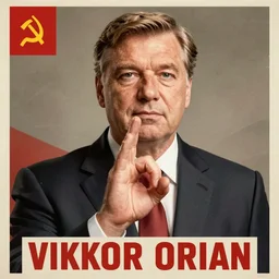 soviet propaganda poster of viktor orban holding a hand showing no
