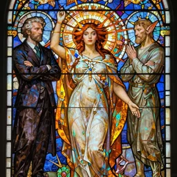 elisha cuthbert as a goddess, very intricate stained glass by alphonse mucha and taras shevchenko and aasimar and gaston bussiere