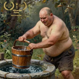 a bald fat man with a suffering look to his face, pulling a wooden bucket of water out of a well, highly detailed, oil painting, masterpiece, nature, fantasy illustration, romanticism, award winning,
