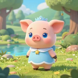 very cute and adorable little piggy knight princess, big beautiful blue eyes, piglet, fantasy forest landscape, lake, summer, pale blue outfit, plushie like forest creature, fluffy, pastel colors, Dreamworks, Behance, Pokemon, Artstation, trending on artstation, peach and goma style, milk and mocha style, art of silverfox, Yee Chong Silverfox, Sydney Hanson, Sofya Emelenko, Elina Karimova