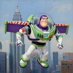 buzz lightyear flying around the twin towers, oil on canvas, octane render