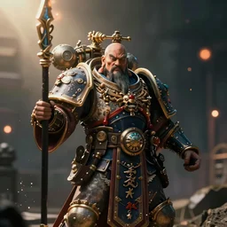 Portrait of Budai as the emperor of humanity from warhammer 40k in Gears of War, splash art, movie still, cinematic lighting, dramatic, octane render, long lens, shallow depth of field, bokeh, anamorphic lens flare, 8k, hyper detailed, 35mm film grain