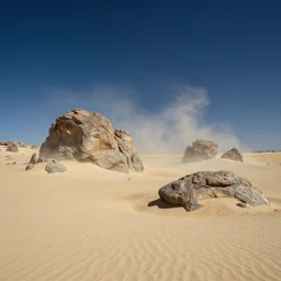 a beautiful sand and ash landscape with rocks jutting out of the ground and a deep blue sky. dust clouds. by Peter Mohrbach and Mark Keathley, highly detailed concept art