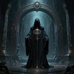 center view of extremely detailed intricate concept art of hooded necromancer in front of a lovecraft portal, wide - angle portrait photography, by android jones and greg rutkowski, synthwave color scheme, cinematic lighting, dark vibes, trending on artstation, beautiful composition, intricate, elegant, pro photography by, highly detailed, gaston bussiere, craig mullins