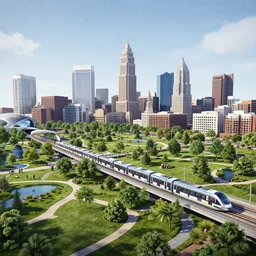 Cleveland Ohio as a green energy futuristic megalopolis with 100 million people, beautiful parks, futuristic train and transportation systems