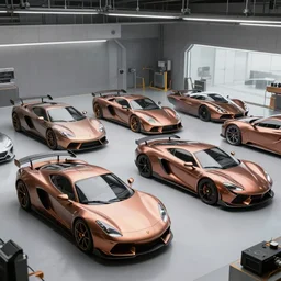combine some random sport cars as one with bronze paint, in a clean engineering sci - fi workshop, concept art style by pablo carpio. global illumination. full view.